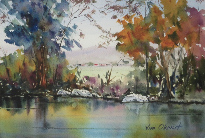 landscape, pond, foliage, hills, field, trees, watercolor, painting, oberst